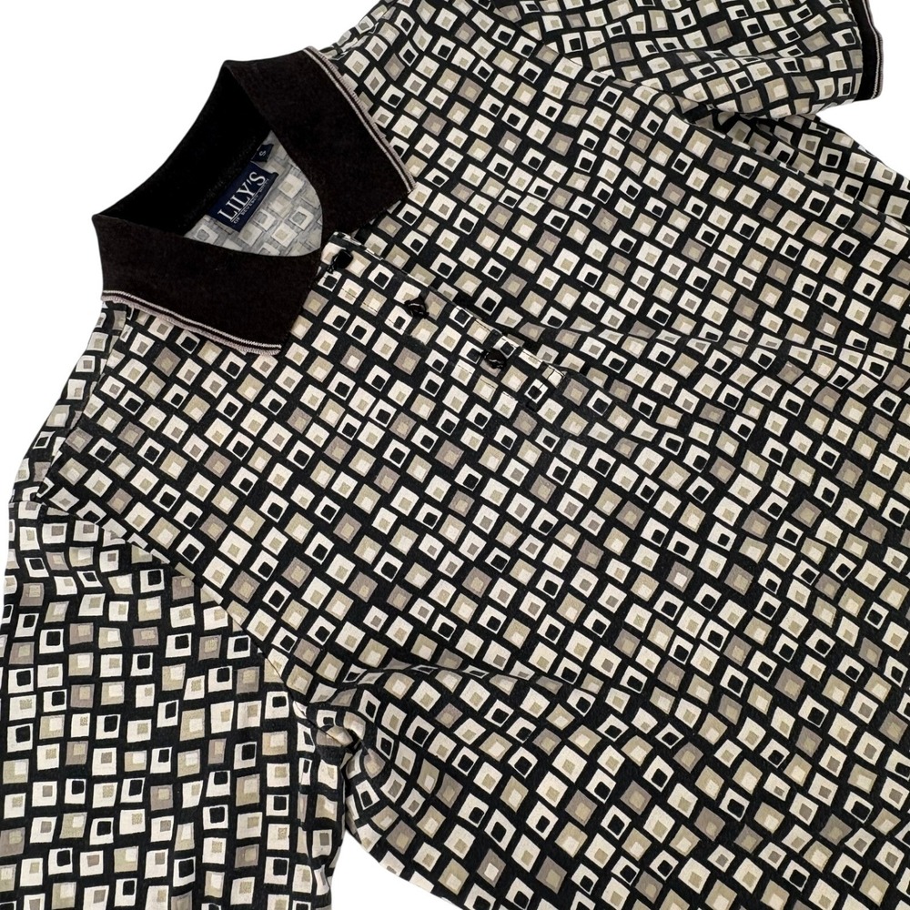 Lily's of Beverly Hills Geometric Square Print Polo Shirt S Black Tan